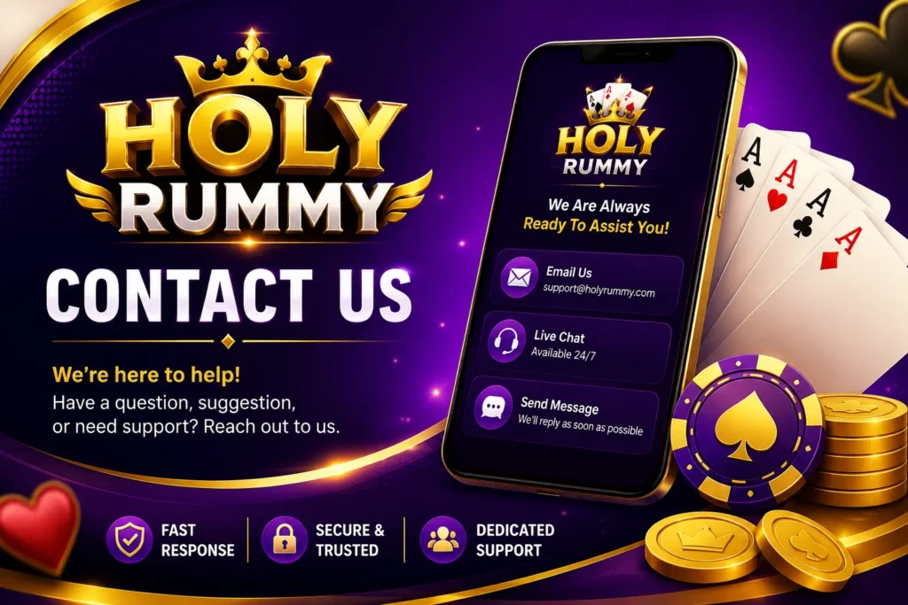 Holy Rummy Game Contact Us page with customer support, email assistance, and online help for game downloads and user inquiries.